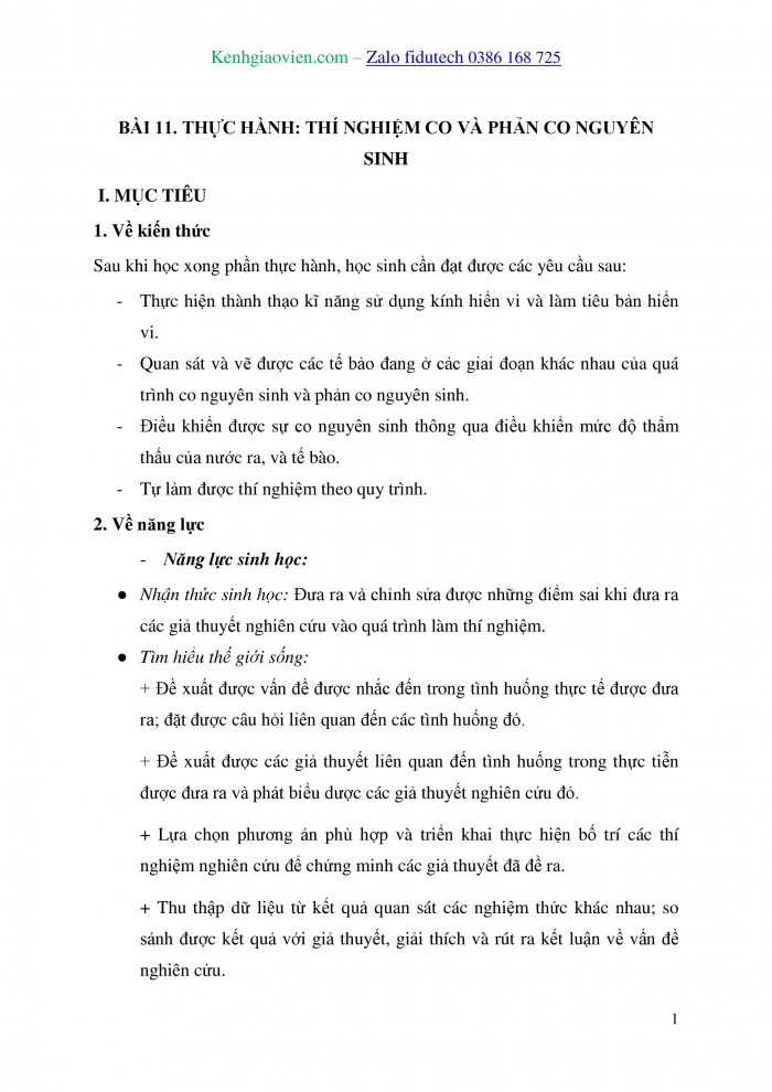 Giáo án và PPT Sinh học 10 kết nối Bài 11: Thực hành Thí nghiệm co và phản co nguyên sinh