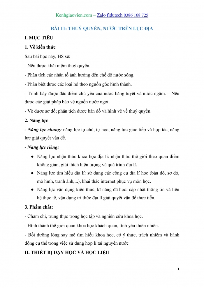 Giáo án và PPT Địa lí 10 kết nối Bài 11: Thuỷ quyển, nước trên lục địa