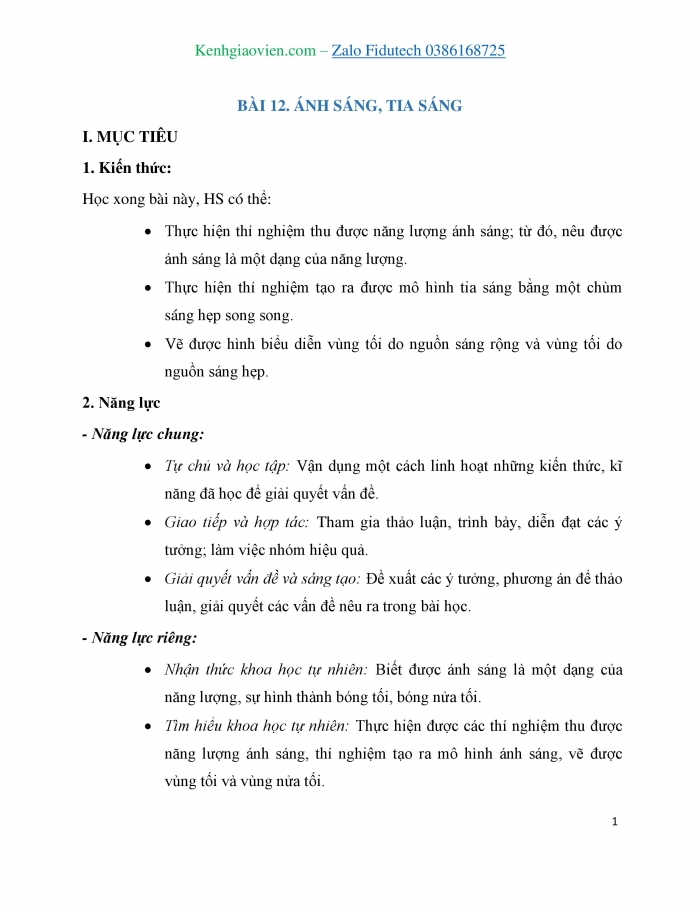 Giáo án và PPT KHTN 7 cánh diều Bài 12: Ánh sáng, tia sáng