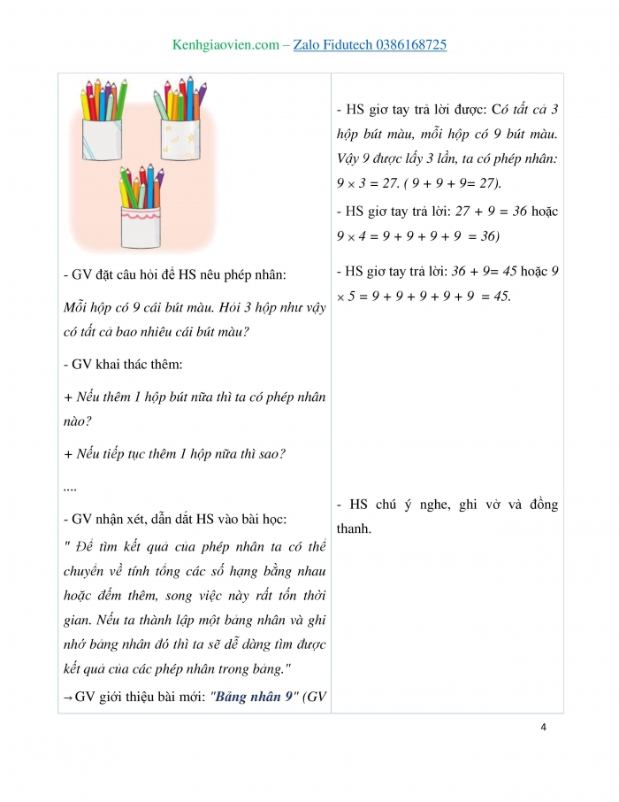 Giáo án và PPT Toán 3 cánh diều bài Bảng nhân 9