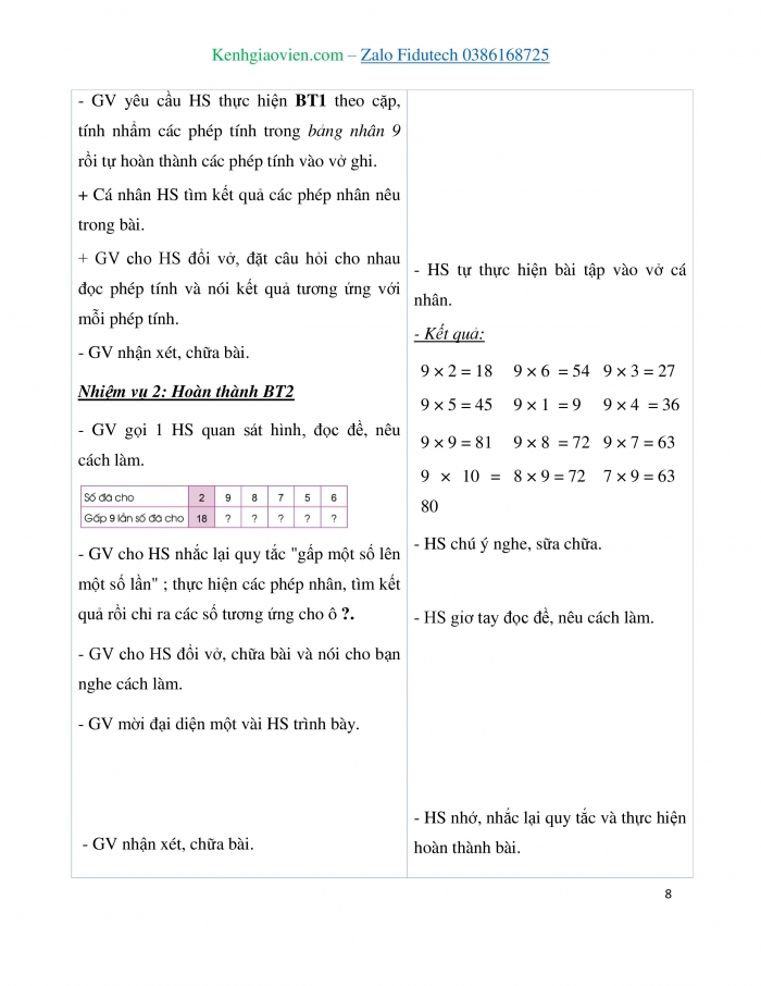 Giáo án và PPT Toán 3 cánh diều bài Bảng nhân 9