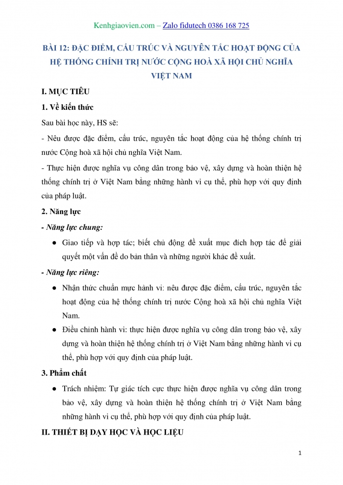 Giáo án và PPT Kinh tế pháp luật 10 chân trời Bài 12: Đặc điểm, cấu trúc và nguyên tắc hoạt động của hệ thống chính trị nước Cộng hoà xã hội chủ nghĩa Việt Nam