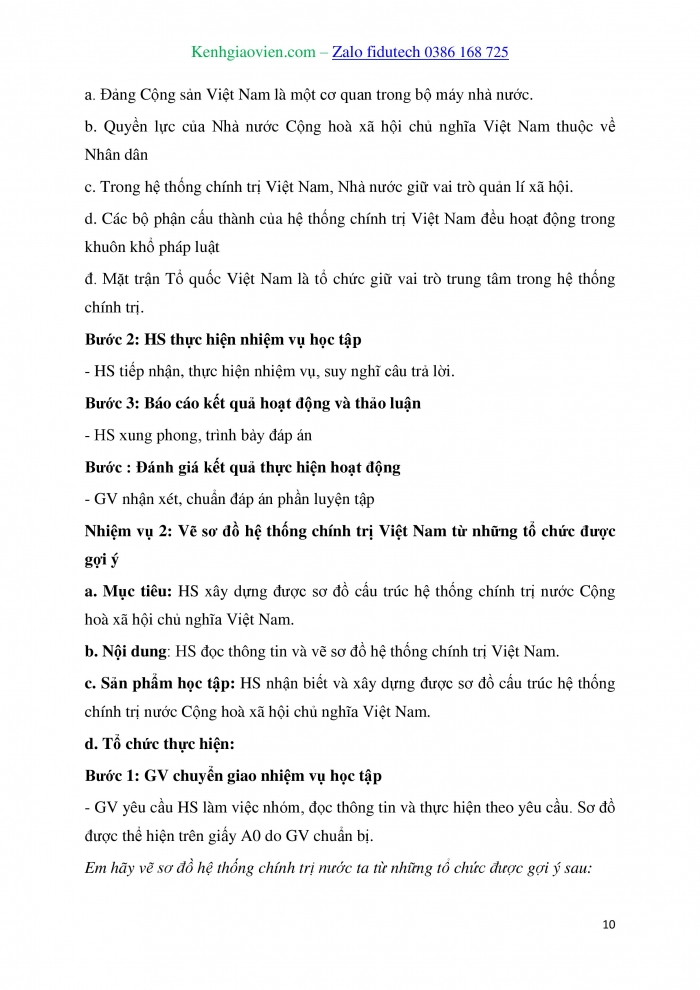 Giáo án và PPT Kinh tế pháp luật 10 chân trời Bài 12: Đặc điểm, cấu trúc và nguyên tắc hoạt động của hệ thống chính trị nước Cộng hoà xã hội chủ nghĩa Việt Nam