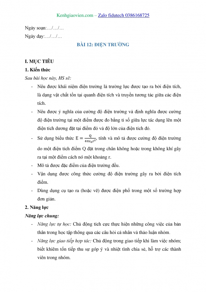 Giáo án và PPT Vật lí 11 chân trời Bài 12: Điện trường