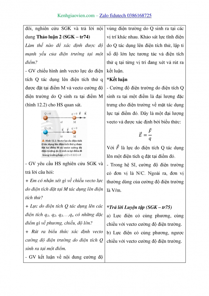 Giáo án và PPT Vật lí 11 chân trời Bài 12: Điện trường