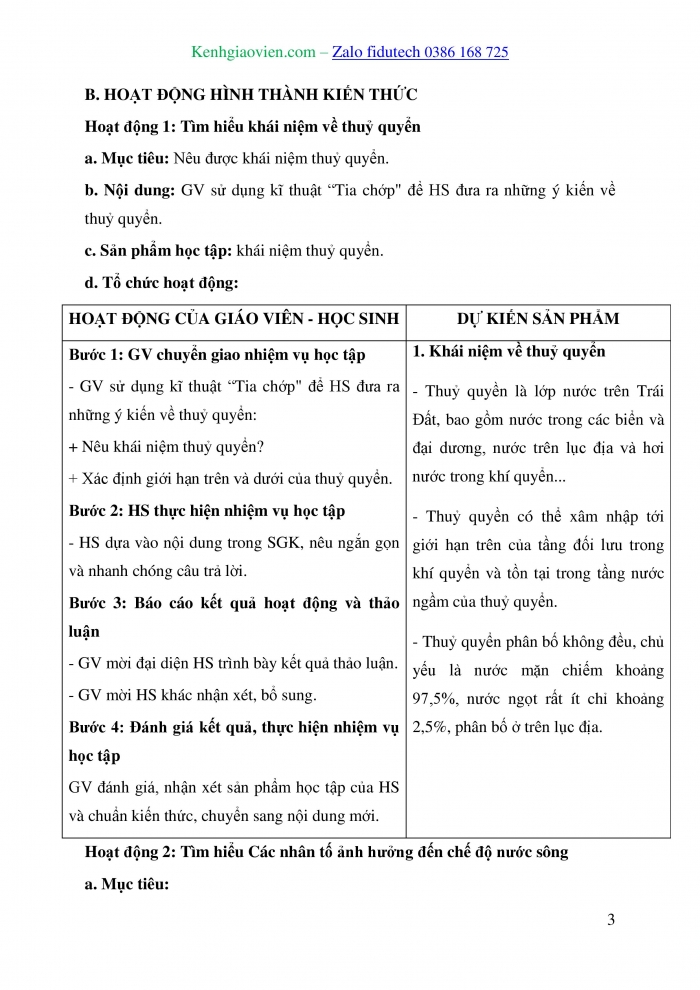 Giáo án và PPT Địa lí 10 chân trời Bài 12: Thuỷ quyền, nước trên lục địa