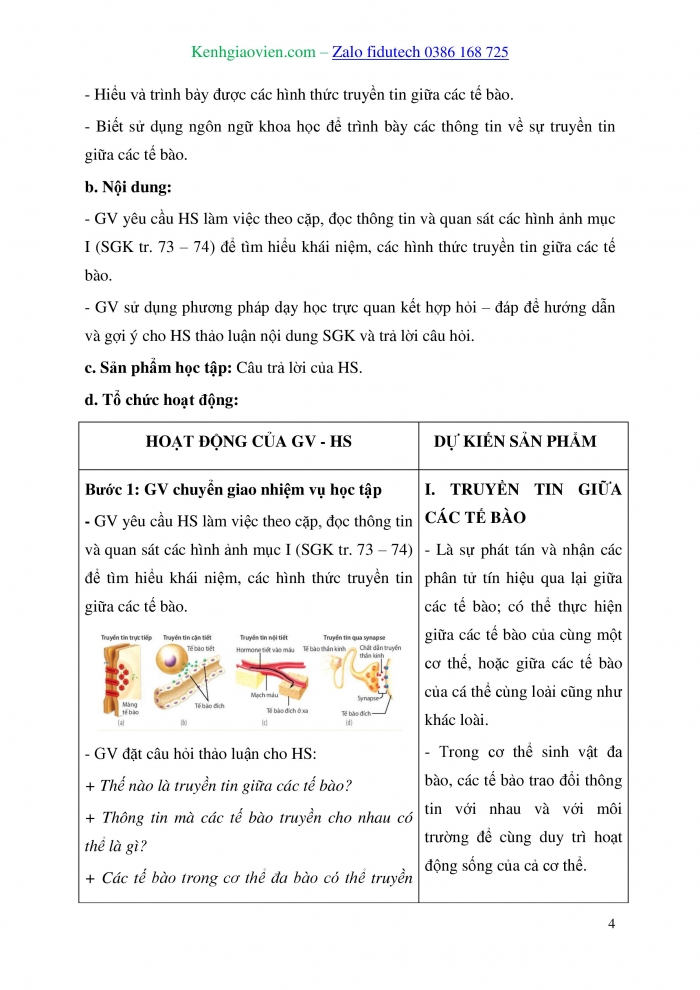 Giáo án và PPT Sinh học 10 kết nối Bài 12: Truyền tin tế bào