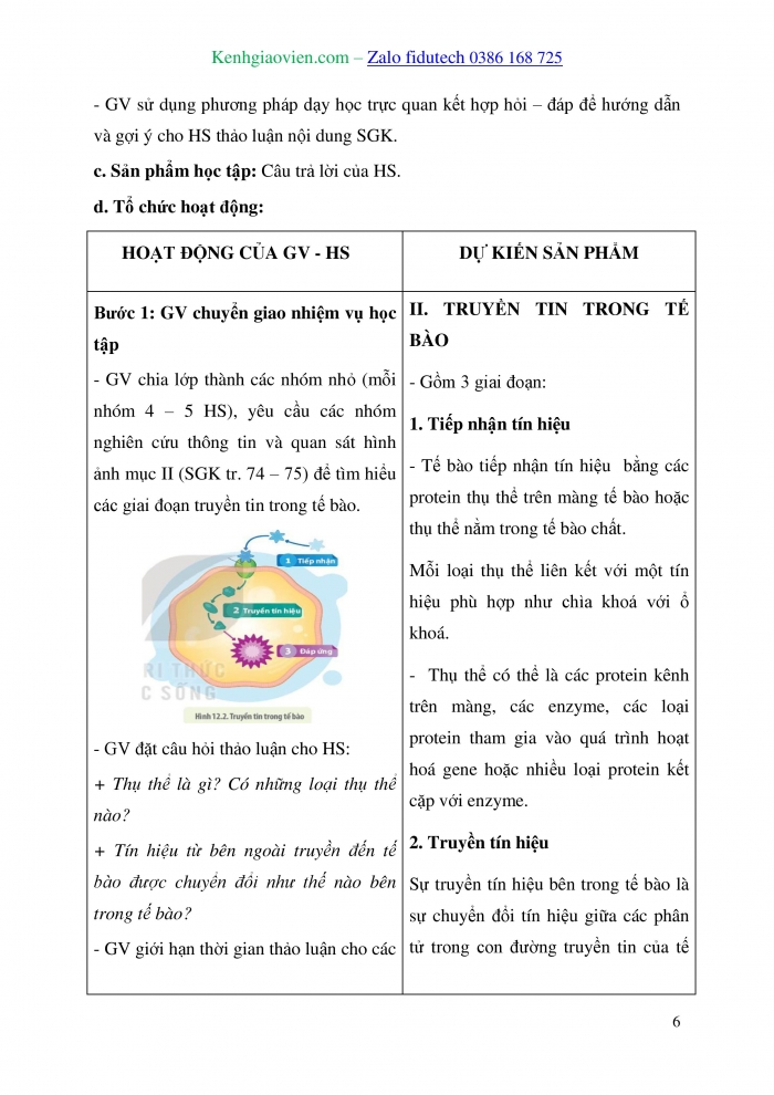 Giáo án và PPT Sinh học 10 kết nối Bài 12: Truyền tin tế bào