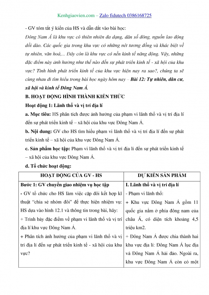 Giáo án và PPT Địa lí 11 chân trời Bài 12: Tự nhiên, dân cư, xã hội và kinh tế Đông Nam Á