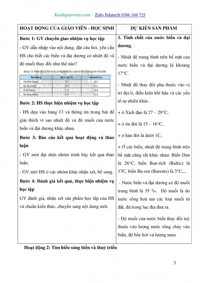 Giáo án và PPT Địa lí 10 chân trời Bài 13: Nước biển và đại dương