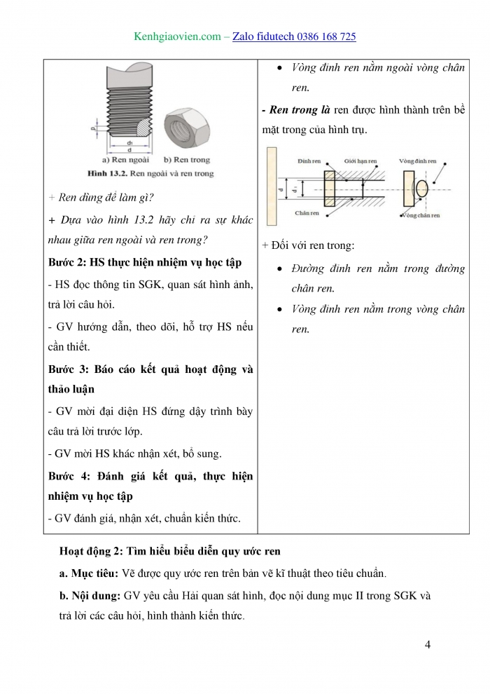 Giáo án và PPT Thiết kế và Công nghệ 10 cánh diều Bài 13: Biểu diễn ren