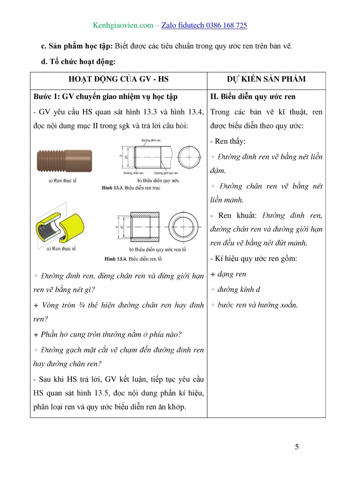 Giáo án và PPT Thiết kế và Công nghệ 10 cánh diều Bài 13: Biểu diễn ren