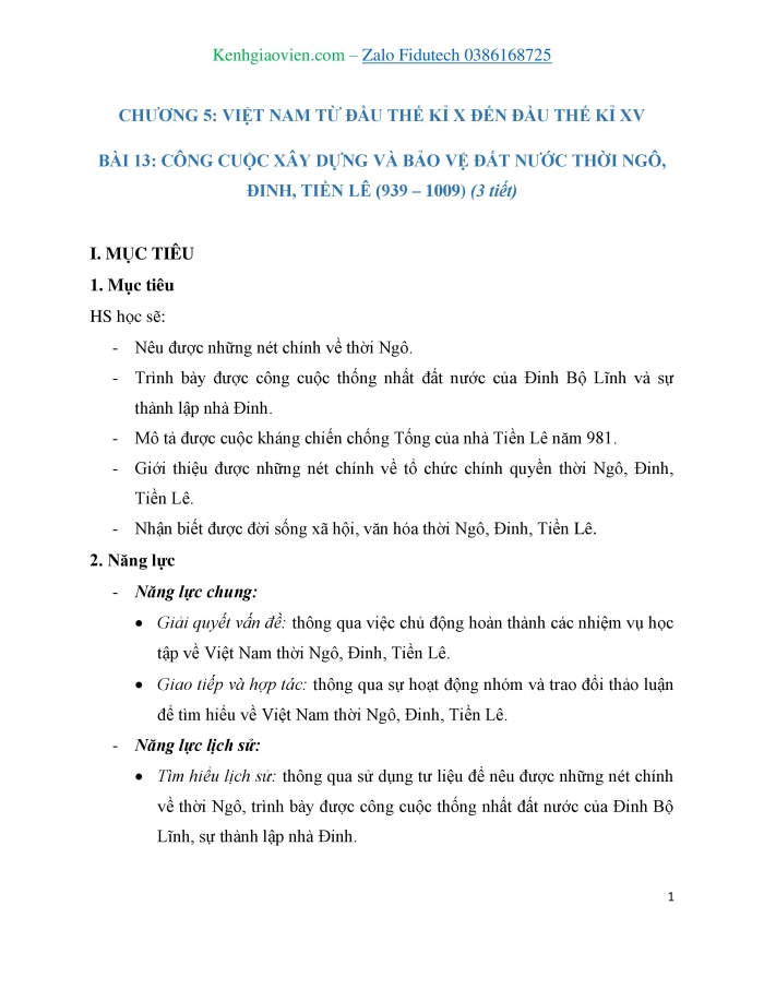 Giáo án và PPT Lịch sử 7 cánh diều Bài 13: Công cuộc xây dựng và bảo vệ đất nước thời Ngô, Đinh, Tiền Lê (939 - 1009)