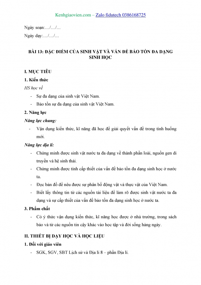 Giáo án và PPT Địa lí 8 chân trời Bài 13: Đặc điểm của sinh vật và vấn đề bảo tồn đa dạng sinh học