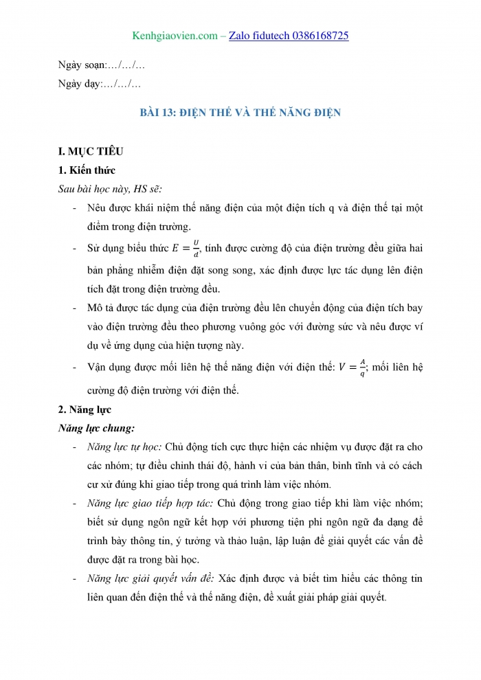 Giáo án và PPT Vật lí 11 chân trời Bài 13: Điện thế và thế năng điện