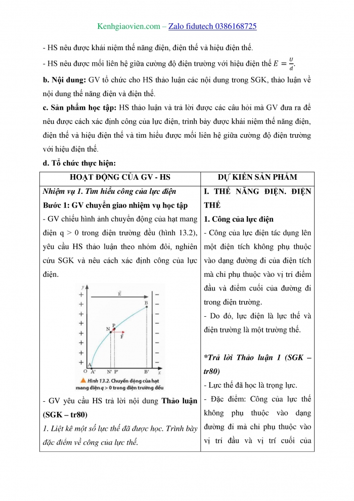 Giáo án và PPT Vật lí 11 chân trời Bài 13: Điện thế và thế năng điện