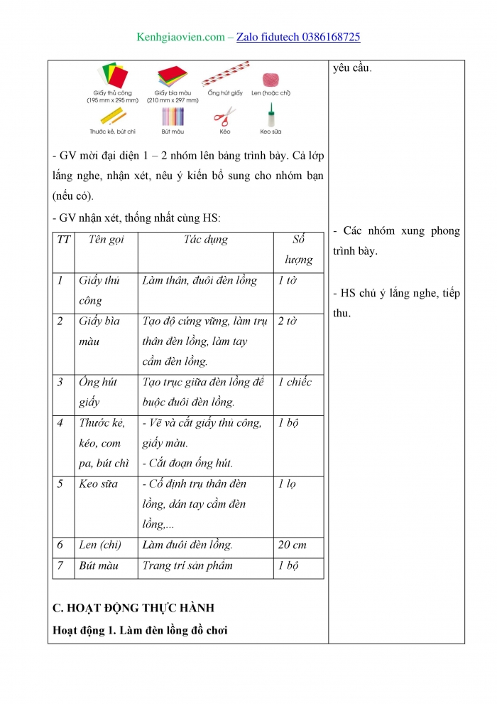 Giáo án và PPT Công nghệ 4 cánh diều Bài 13: Làm đèn lồng