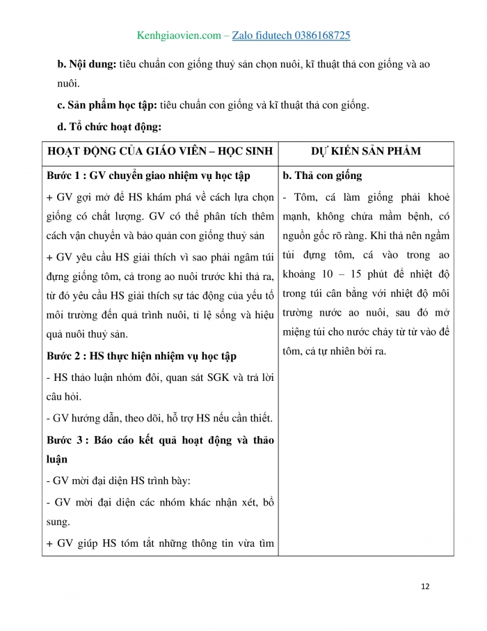 Giáo án và PPT Công nghệ 7 chân trời Bài 13: Quy trình kĩ thuật nuôi thuỷ sản