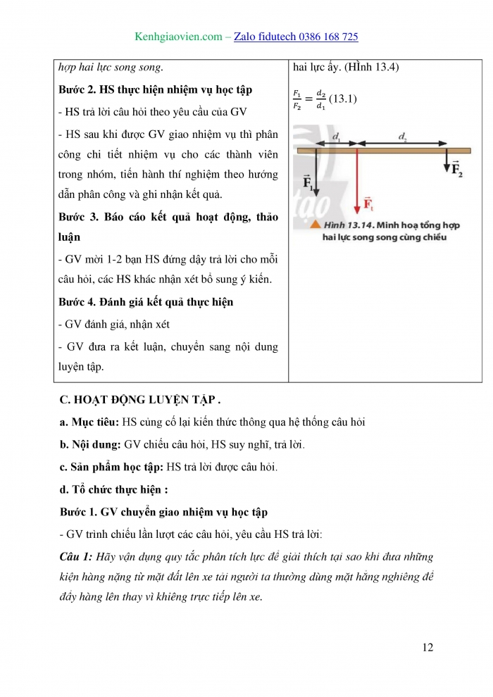 Giáo án và PPT Vật lí 10 chân trời Bài 13: Tổng hợp lực – Phân tích lực