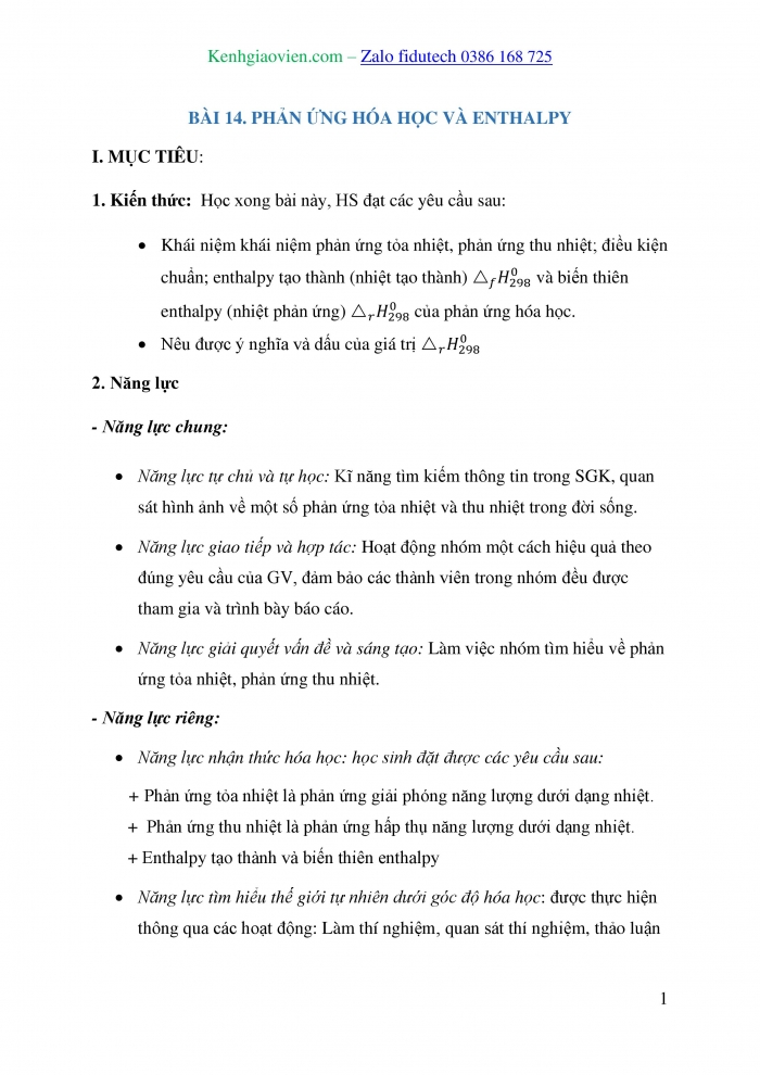 Giáo án và PPT Hoá học 10 cánh diều Bài 14: Phản ứng hoá học và enthalpy