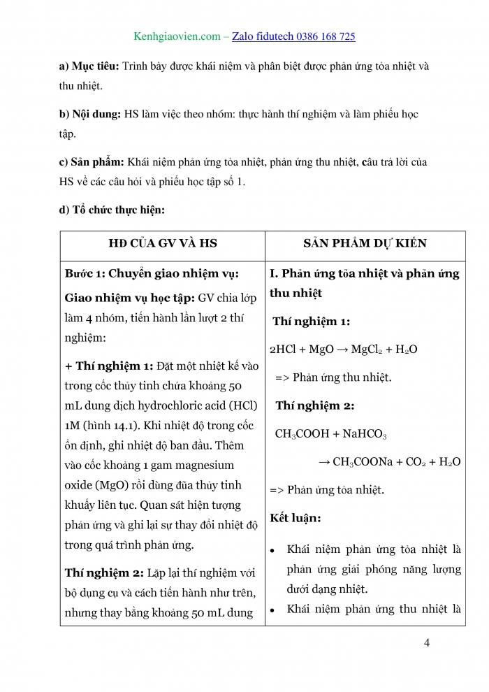 Giáo án và PPT Hoá học 10 cánh diều Bài 14: Phản ứng hoá học và enthalpy