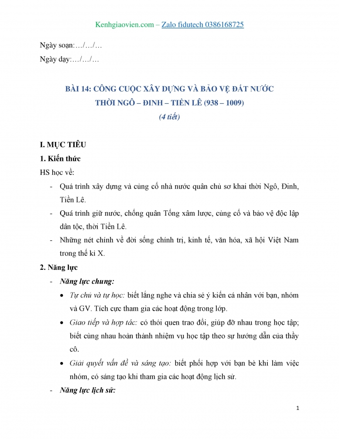 Giáo án và PPT Lịch sử 7 chân trời Bài 14: Công cuộc xây dựng và bảo vệ đất nước thời Ngô – Đinh – Tiền Lê (939 – 1009)