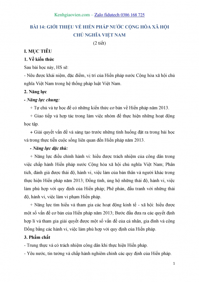 Giáo án và PPT Kinh tế pháp luật 10 kết nối Bài 14: Giới thiệu về Hiến pháp nước Cộng hoà xã hội chủ nghĩa Việt Nam
