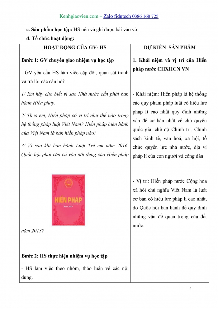 Giáo án và PPT Kinh tế pháp luật 10 kết nối Bài 14: Giới thiệu về Hiến pháp nước Cộng hoà xã hội chủ nghĩa Việt Nam