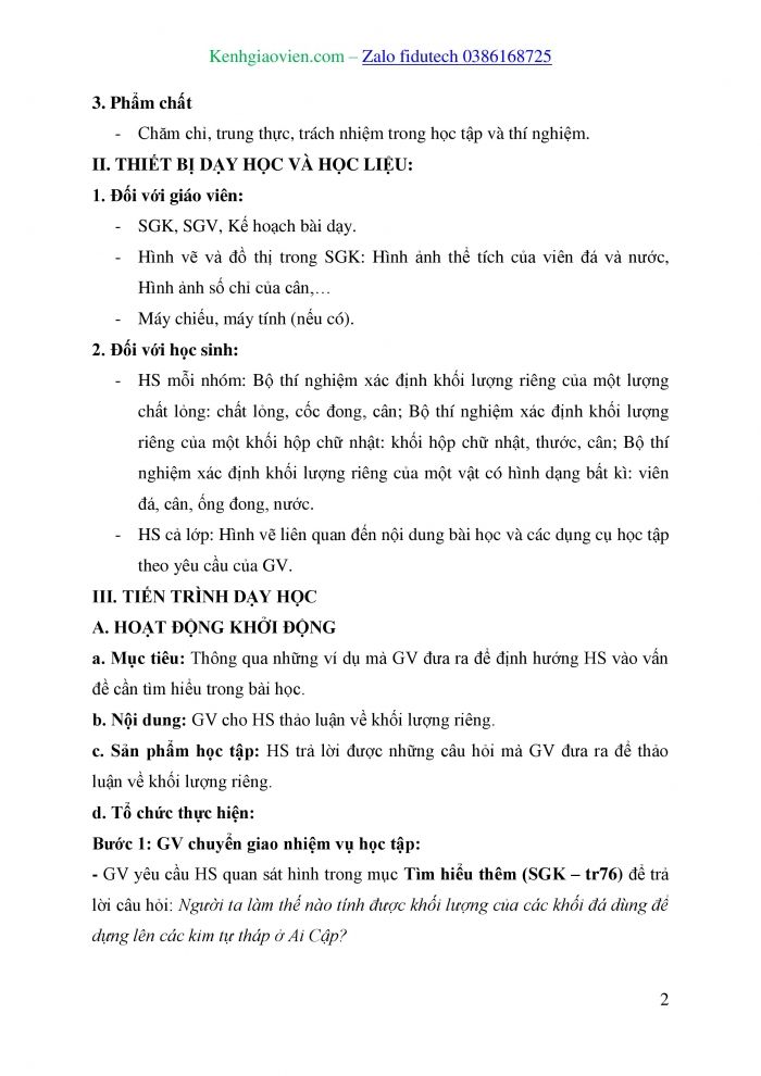 Giáo án và PPT KHTN 8 cánh diều Bài 14: Khối lượng riêng