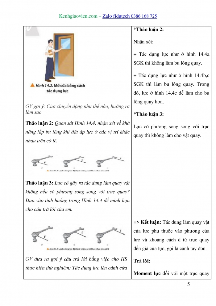 Giáo án và PPT Vật lí 10 chân trời Bài 14: Moment lực. Điều kiện cân bằng của vật