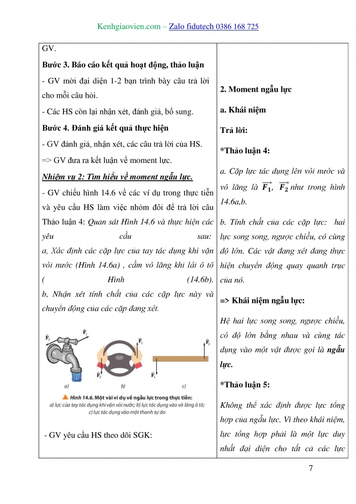 Giáo án và PPT Vật lí 10 chân trời Bài 14: Moment lực. Điều kiện cân bằng của vật