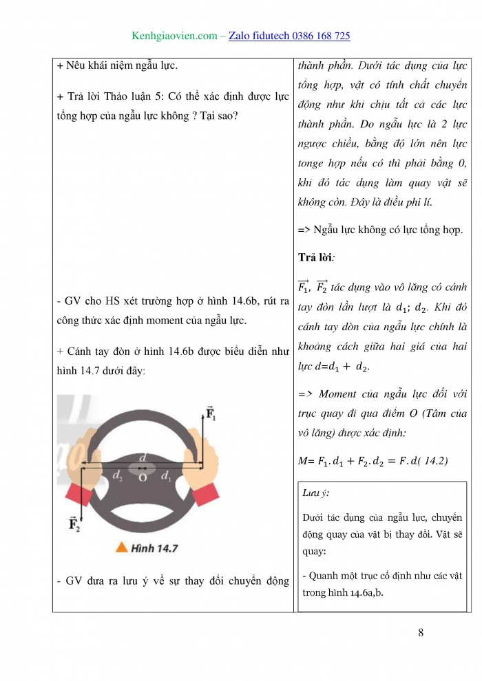 Giáo án và PPT Vật lí 10 chân trời Bài 14: Moment lực. Điều kiện cân bằng của vật