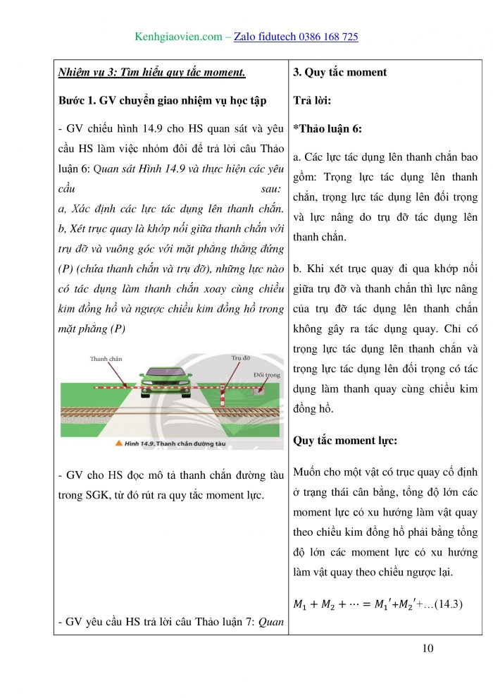 Giáo án và PPT Vật lí 10 chân trời Bài 14: Moment lực. Điều kiện cân bằng của vật