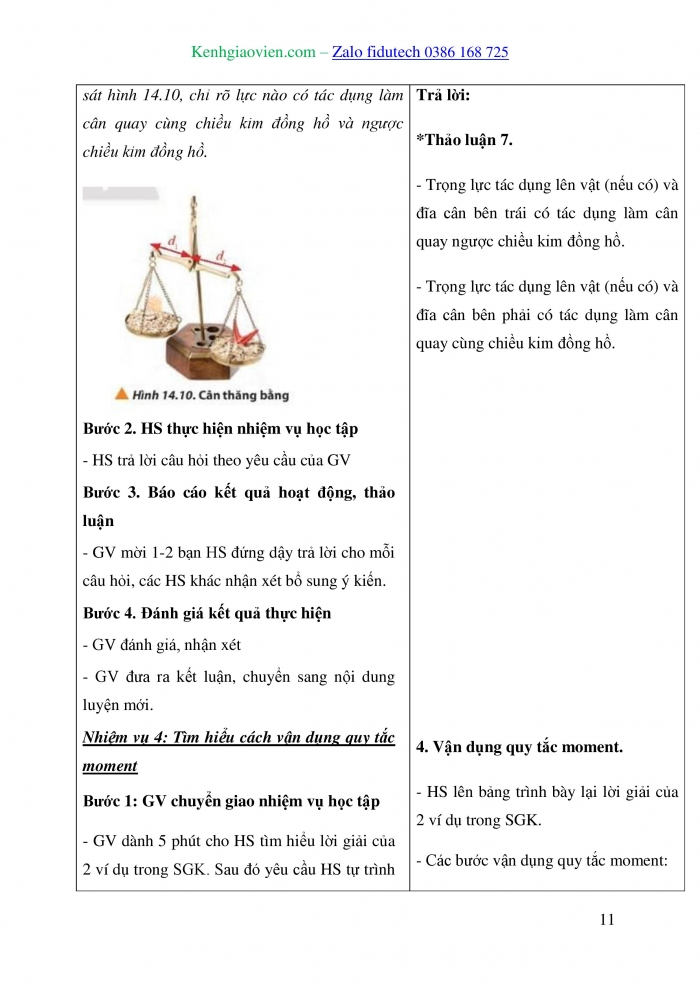 Giáo án và PPT Vật lí 10 chân trời Bài 14: Moment lực. Điều kiện cân bằng của vật