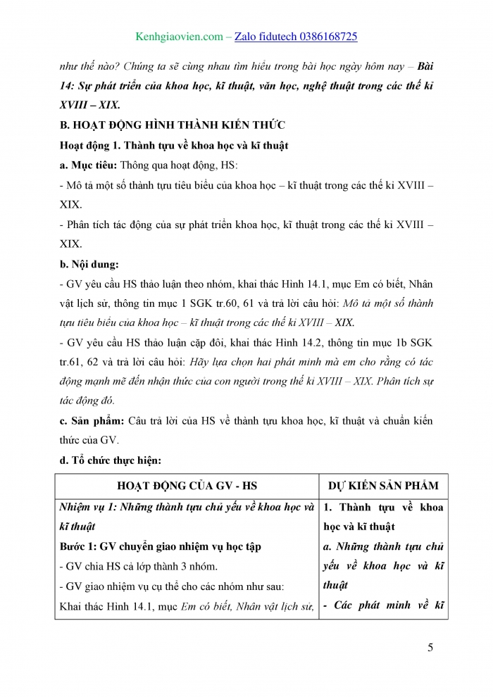 Giáo án và PPT Lịch sử 8 chân trời Bài 14: Sự phát triển của khoa học, kĩ thuật, văn học, nghệ thuật trong các thế kỉ XVIII – XIX