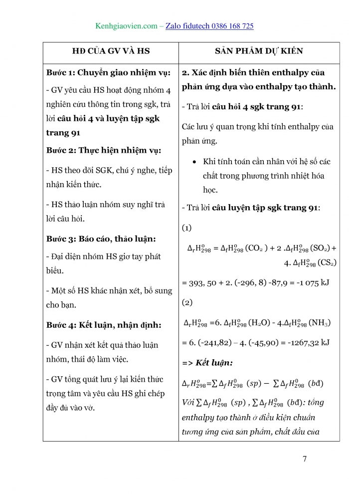 Giáo án và PPT Hoá học 10 chân trời Bài 14: Tính biến thiên enthalpy của phản ứng hoá học