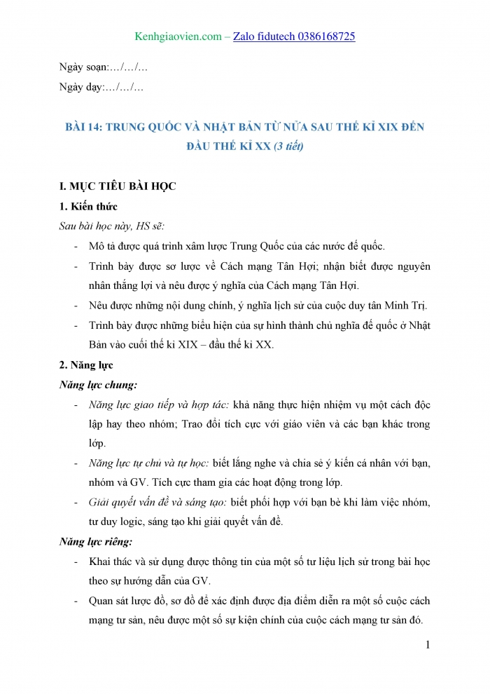 Giáo án và PPT Lịch sử 8 kết nối Bài 14: Trung Quốc và Nhật Bản từ nửa sau thế kỉ XIX đến đầu thế kỉ XX