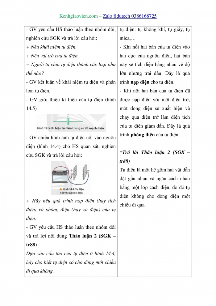 Giáo án và PPT Vật lí 11 chân trời Bài 14: Tụ điện