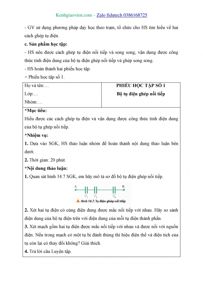 Giáo án và PPT Vật lí 11 chân trời Bài 14: Tụ điện