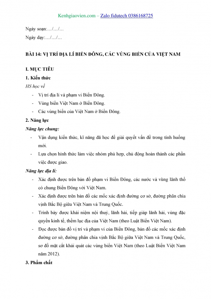 Giáo án và PPT Địa lí 8 chân trời Bài 14: Vị trí địa lí Biển Đông, các vùng biển của Việt Nam