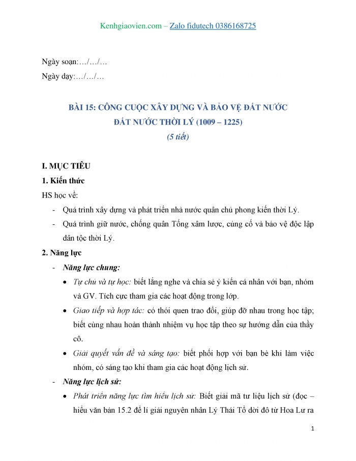Giáo án và PPT Lịch sử 7 chân trời Bài 15: Công cuộc xây dựng và bảo vệ đất nước thời Lý (1009 – 1225)