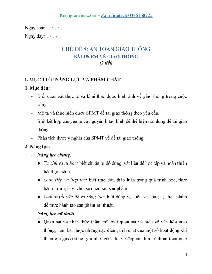 Giáo án và PPT Mĩ thuật 7 chân trời bản 2 Bài 15: Em vẽ giao thông