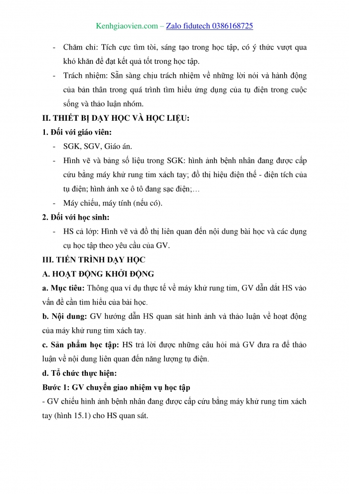 Giáo án và PPT Vật lí 11 chân trời Bài 15: Năng lượng và ứng dụng của tụ điện