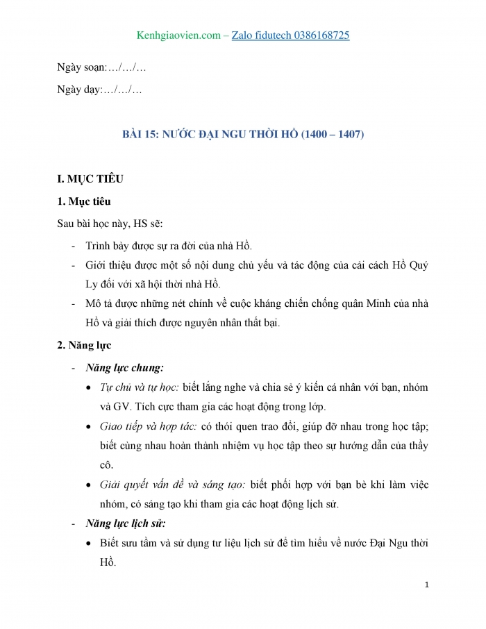 Giáo án và PPT Lịch sử 7 kết nối Bài 15: Nước Đại Ngu thời Hồ (1400 – 1407)