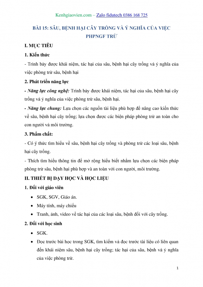 Giáo án và PPT Công nghệ trồng trọt 10 kết nối Bài 15: Sâu, bệnh hại cây trồng và ý nghĩa của việc phòng trừ