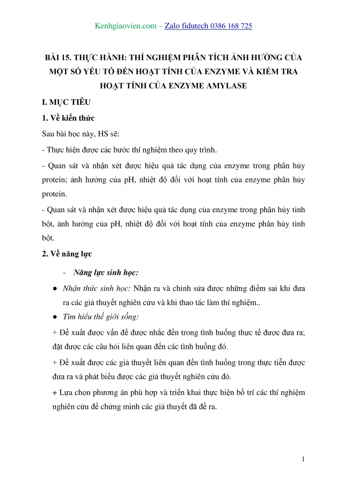 Giáo án và PPT Sinh học 10 kết nối Bài 15 Thực hành: Thí nghiệm phân tích ảnh hưởng của một số yếu tố đến hoạt tính của enzyme và kiểm tra hoạt tính của enzyme amylase