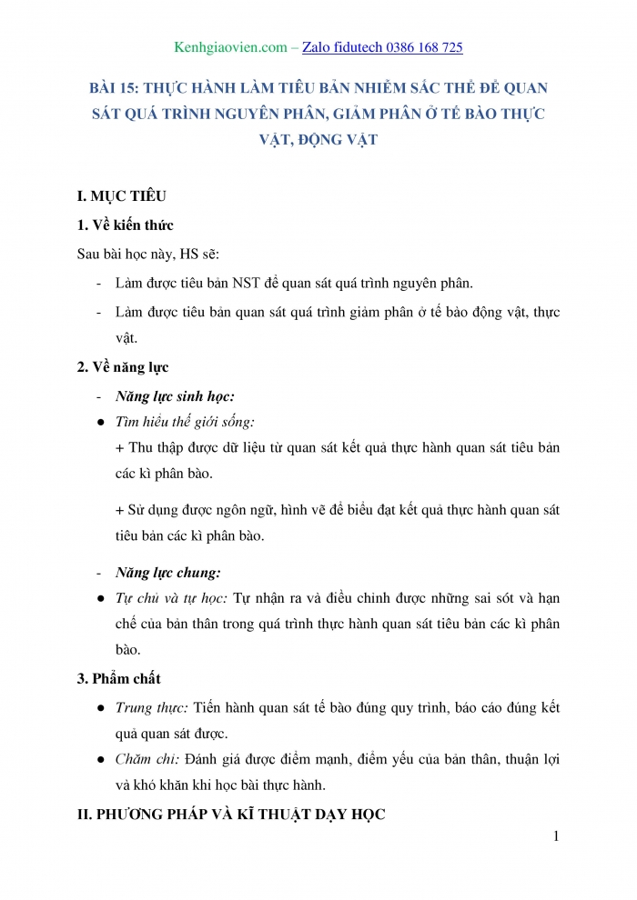 Giáo án và PPT Sinh học 10 cánh diều Bài 15: Thực hành làm tiêu bản nhiễm sắc thể để quan sát quá trình nguyên phân, giảm phân ở tế bào thực vật, động vật