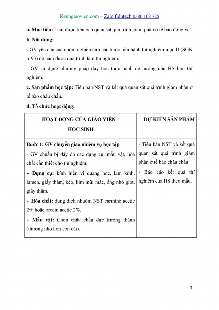 Giáo án và PPT Sinh học 10 cánh diều Bài 15: Thực hành làm tiêu bản nhiễm sắc thể để quan sát quá trình nguyên phân, giảm phân ở tế bào thực vật, động vật