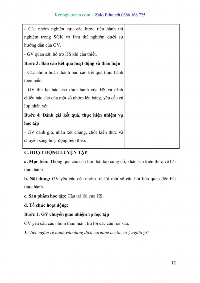 Giáo án và PPT Sinh học 10 cánh diều Bài 15: Thực hành làm tiêu bản nhiễm sắc thể để quan sát quá trình nguyên phân, giảm phân ở tế bào thực vật, động vật