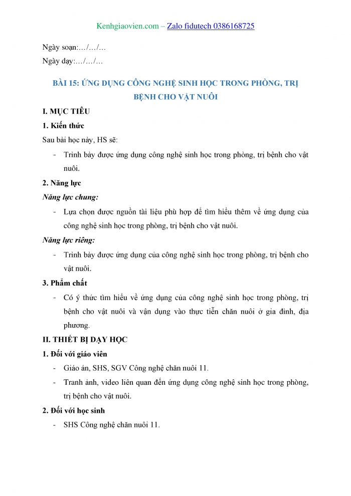 Giáo án và PPT Công nghệ chăn nuôi 11 kết nối Bài 15: Ứng dụng công nghệ sinh học trong phòng, trị bệnh cho vật nuôi